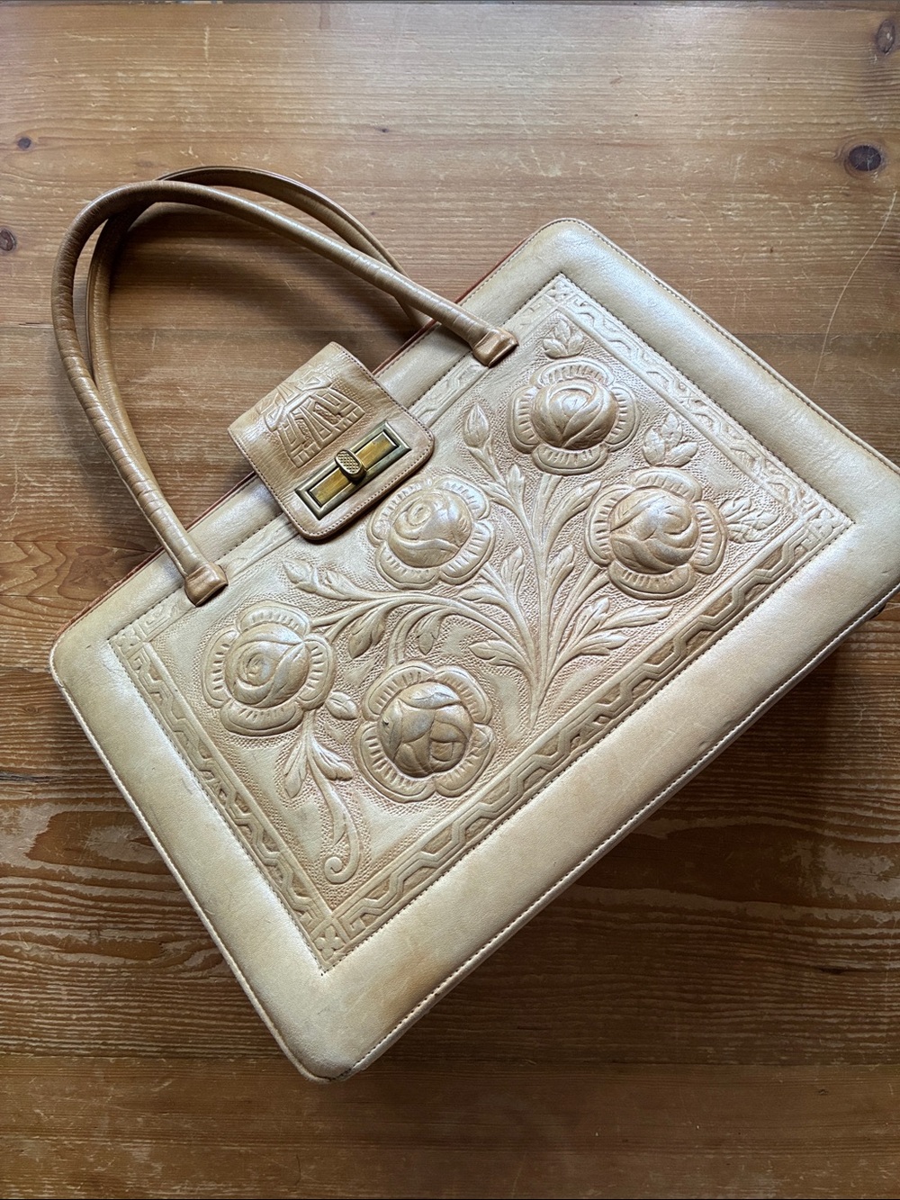 Vintage Tooled Leather Roses Aztec/Mayan Design Satchel Tote Bag